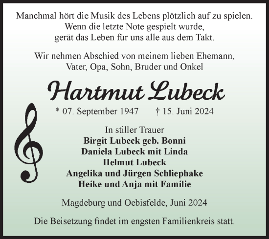 Traueranzeige von Hartmut Lubeck von Volksstimme Altmark West