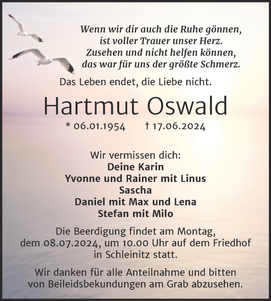 Traueranzeige von Hartmut Oswald von Mitteldeutsche Zeitung Weißenfels