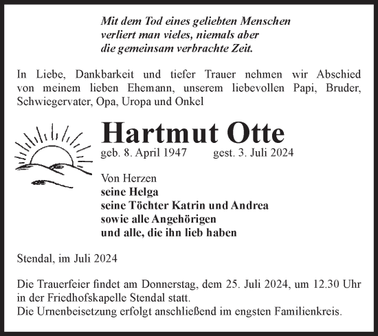 Traueranzeige von Hartmut Otte von Volksstimme Altmark Ost