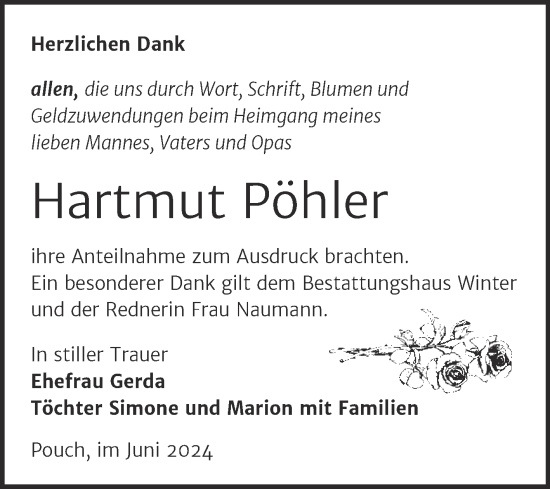 Traueranzeige von Hartmut Pöhler von Trauerkombi Bitterfeld