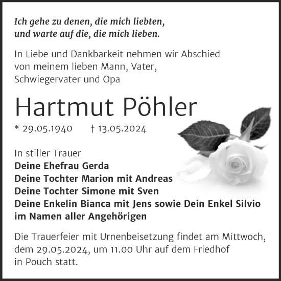 Traueranzeige von Hartmut Pöhler von Trauerkombi Bitterfeld
