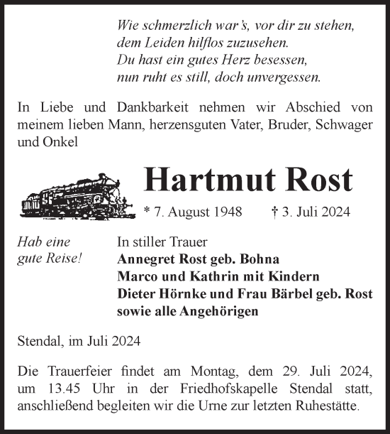 Traueranzeige von Hartmut Rost von Volksstimme Altmark Ost