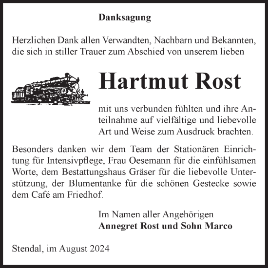Traueranzeige von Hartmut Rost von Volksstimme Altmark Ost