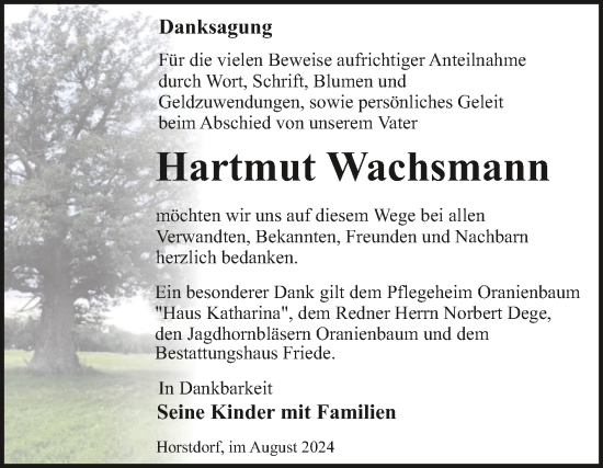 Traueranzeige von Hartmut Wachsmann von Trauerkombi Wittenberg