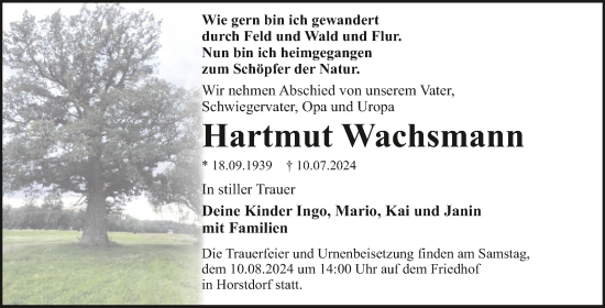 Traueranzeige von Hartmut Wachsmann von Trauerkombi Wittenberg