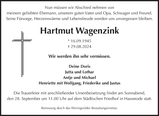 Traueranzeige von Hartmut Wagenzink von Volksstimme Wernigerode