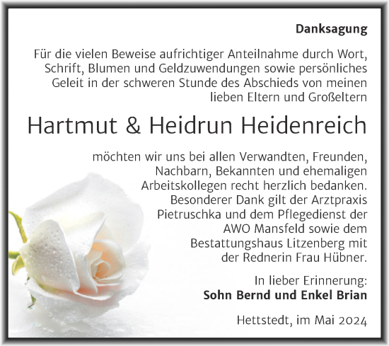Traueranzeige von Hartmut und Heidrun Heidenreich von Trauerkombi Mansfelder Land