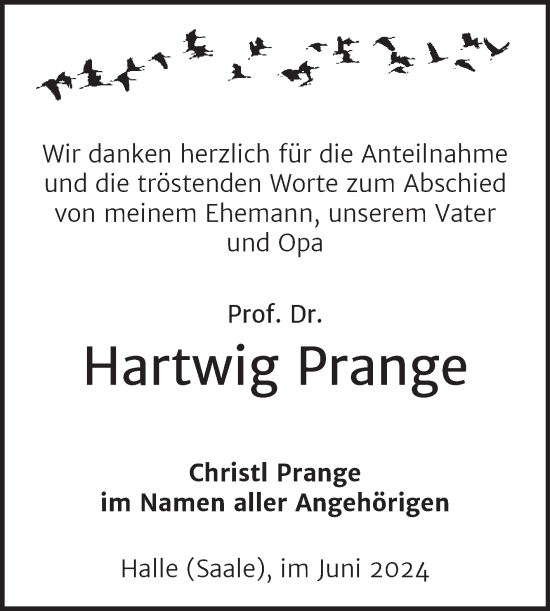 Traueranzeige von Hartwig Prange von Mitteldeutsche Zeitung Halle/Saalkreis