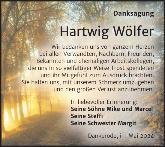 Traueranzeige von Hartwig Wölfer von Trauerkombi Quedlinburg