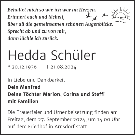 Traueranzeige von Hedda Schüler von Trauerkombi Wittenberg
