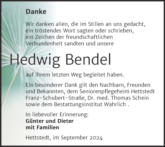Traueranzeige von Hedwig Bendel von Trauerkombi Mansfelder Land