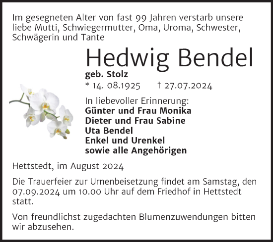 Traueranzeige von Hedwig Bendel von Trauerkombi Mansfelder Land