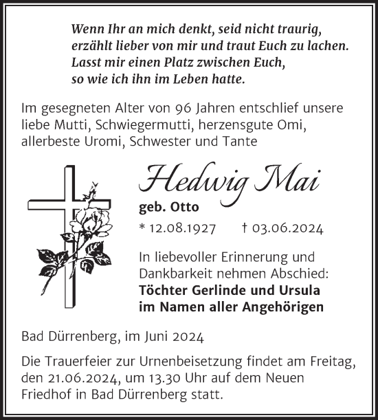 Traueranzeige von Hedwig Mai von Trauerkombi Merseburg