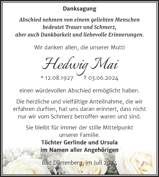 Traueranzeige von Hedwig Mai von Trauerkombi Merseburg