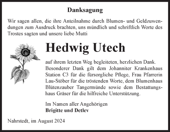 Traueranzeige von Hedwig Utech von Volksstimme Altmark Ost