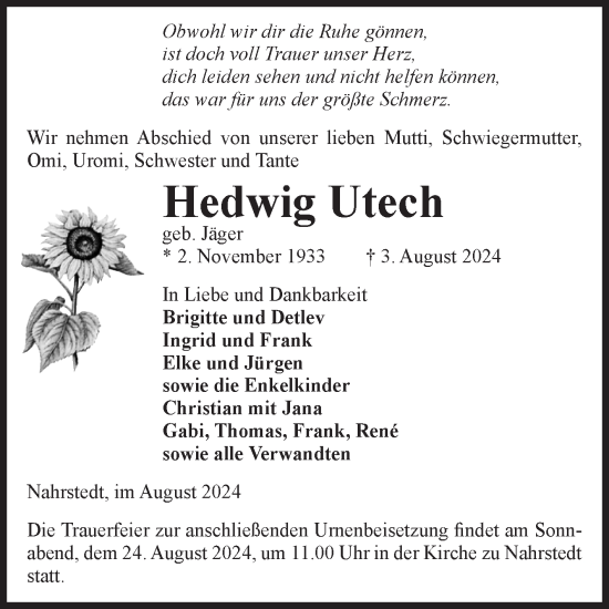 Traueranzeige von Hedwig Utech von Volksstimme Altmark Ost