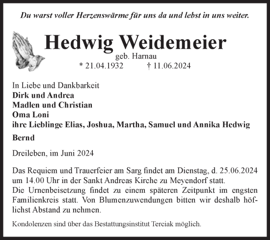 Traueranzeige von Hedwig Weidemeier von Volksstimme Oschersleben/Wanzleben