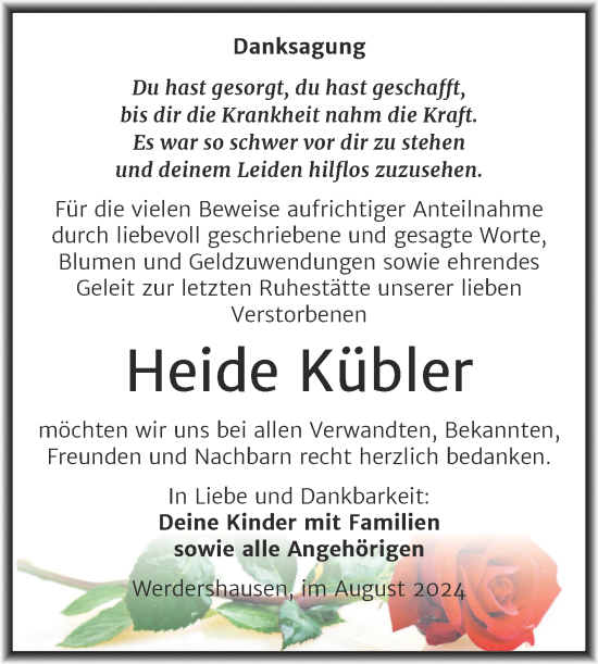 Traueranzeige von Heide Kübler von Trauerkombi Köthen