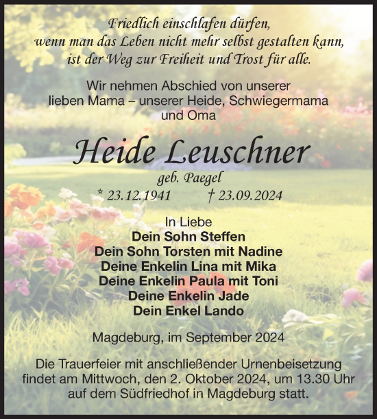 Traueranzeige von Heide Leuschner von Volksstimme Magdeburg