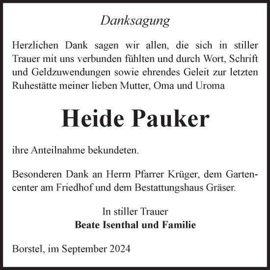 Traueranzeige von Heide Pauker von Volksstimme Altmark Ost