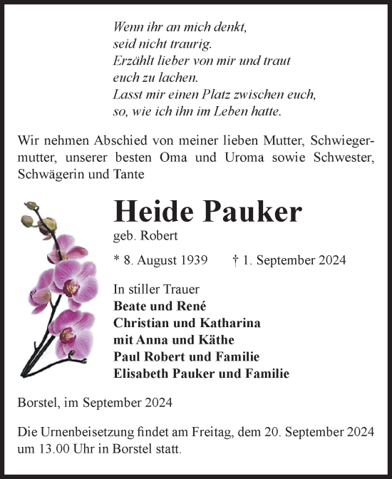 Traueranzeige von Heide Pauker von Volksstimme Altmark Ost