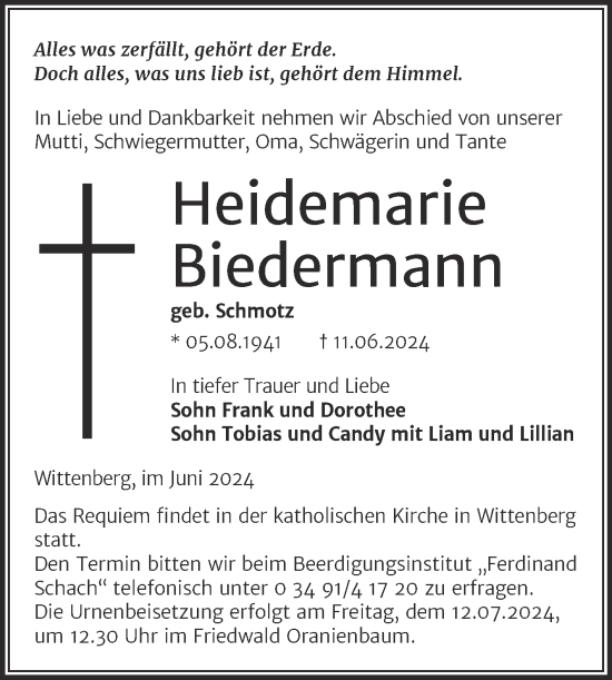 Traueranzeige von Heidemarie Biedermann von Trauerkombi Wittenberg