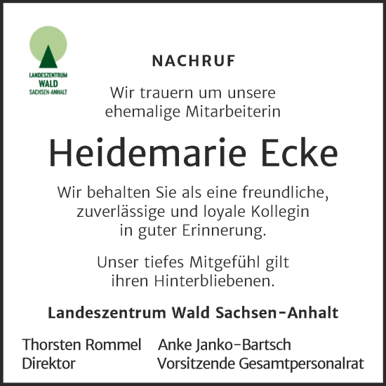 Traueranzeige von Heidemarie Ecke von Mitteldeutsche Zeitung Sangerhausen
