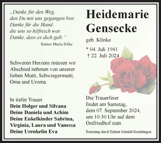 Traueranzeige von Heidemarie Gensecke von Volksstimme Magdeburg