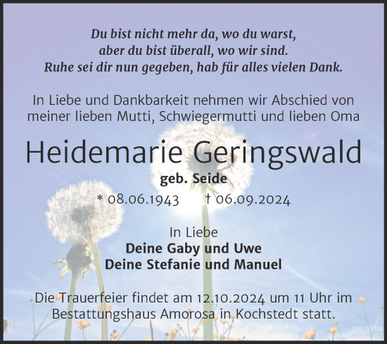 Traueranzeige von Heidemarie Geringswald von Trauerkombi Dessau