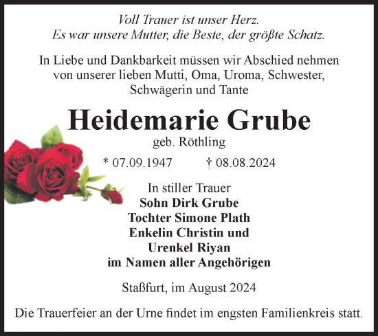 Traueranzeige von Heidemarie Grube von Volksstimme Staßfurt