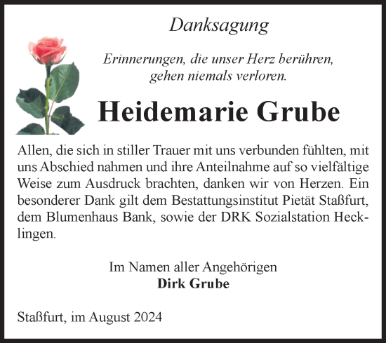Traueranzeige von Heidemarie Grube von Volksstimme Staßfurt