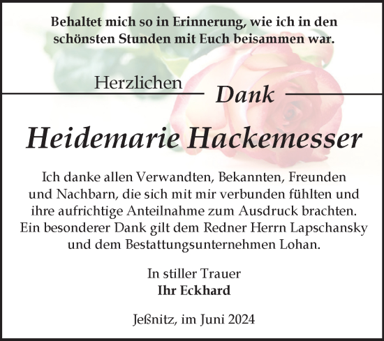 Traueranzeige von Heidemarie Hackemesser von Trauerkombi Bitterfeld