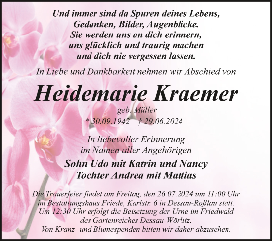 Traueranzeige von Heidemarie Kraemer von Trauerkombi Dessau