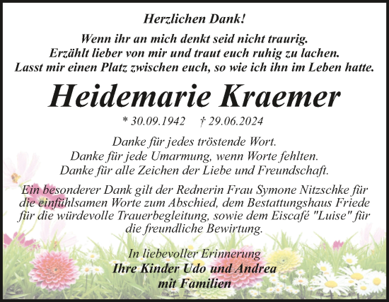 Traueranzeige von Heidemarie Kraemer von Trauerkombi Dessau