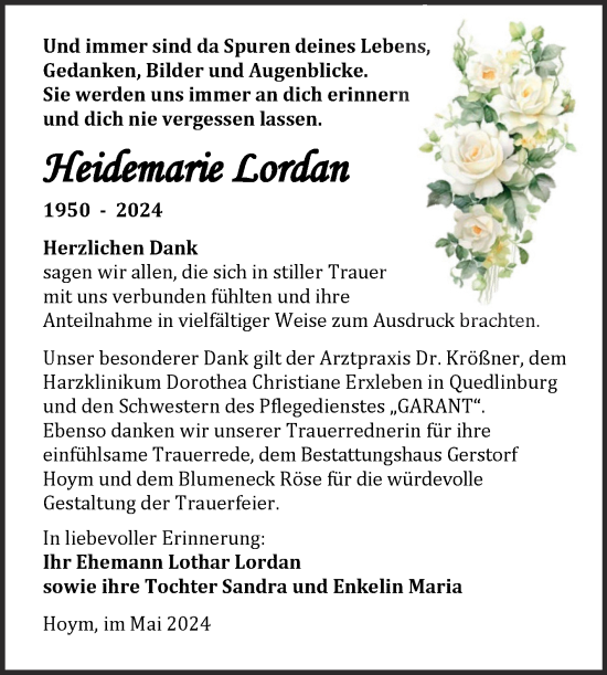 Traueranzeige von Heidemarie Lordan von Trauerkombi Aschersleben