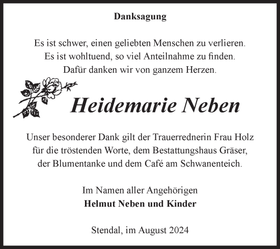 Traueranzeige von Heidemarie Neben von Volksstimme Altmark Ost
