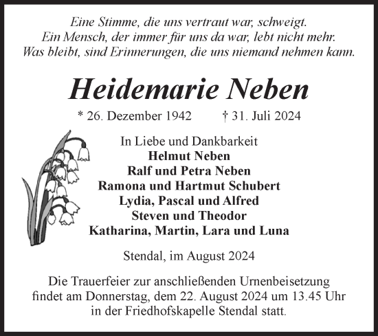 Traueranzeige von Heidemarie Neben von Volksstimme Altmark Ost