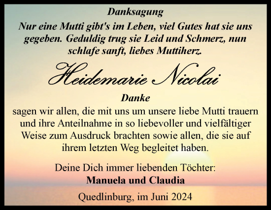 Traueranzeige von Heidemarie Nicolai von Trauerkombi Quedlinburg