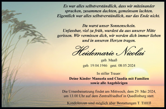 Traueranzeige von Heidemarie Nicolai von Trauerkombi Quedlinburg