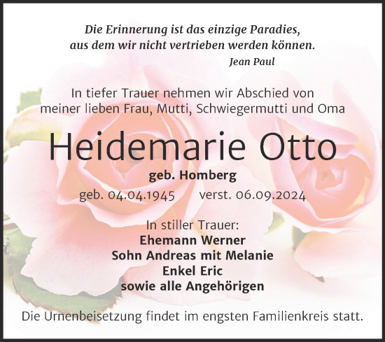 Traueranzeige von Heidemarie Otto von Trauerkombi Weißenfels