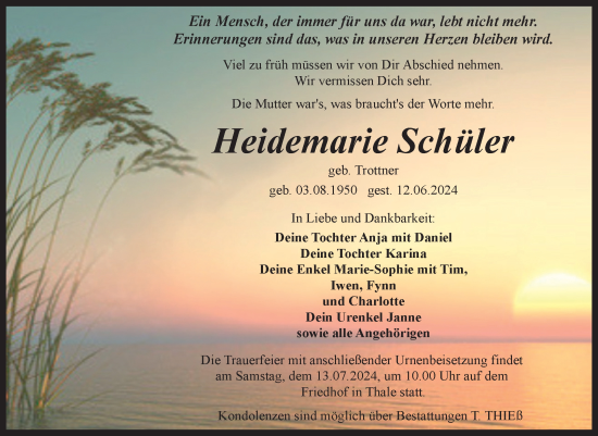 Traueranzeige von Heidemarie Schüler von Trauerkombi Quedlinburg