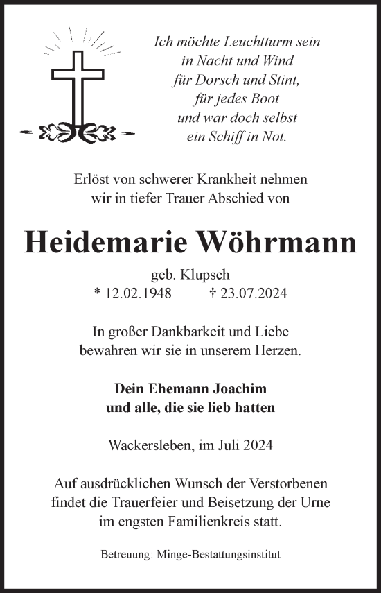 Traueranzeige von Heidemarie Wöhrmann von Volksstimme Oschersleben/Wanzleben