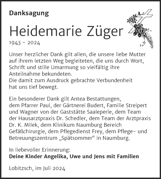 Traueranzeige von Heidemarie Züger von Trauerkombi Weißenfels