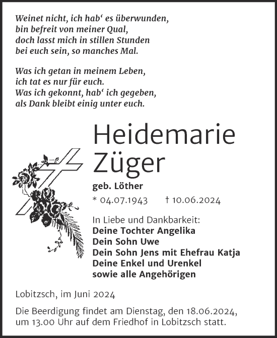 Traueranzeige von Heidemarie Züger von Mitteldeutsche Zeitung Weißenfels