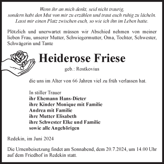 Traueranzeige von Heiderose Friese von Volksstimme Altmark Ost