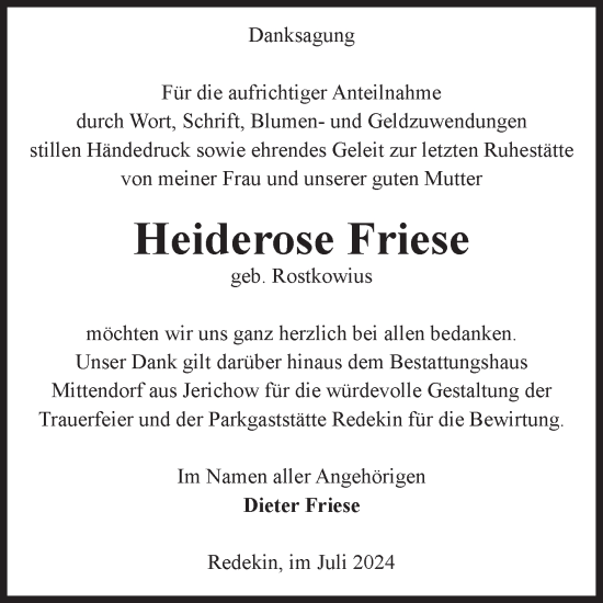 Traueranzeige von Heiderose Friese von Volksstimme Burg/Genthin