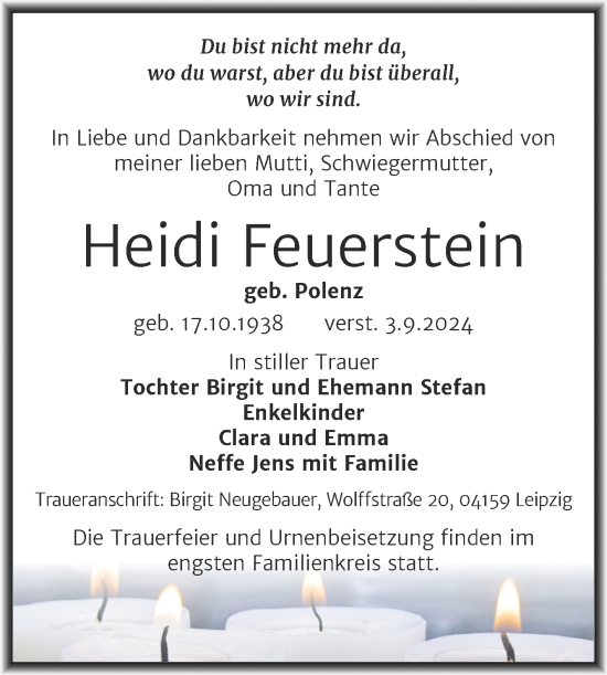 Traueranzeige von Heidi Feuerstein von Trauerkombi Köthen