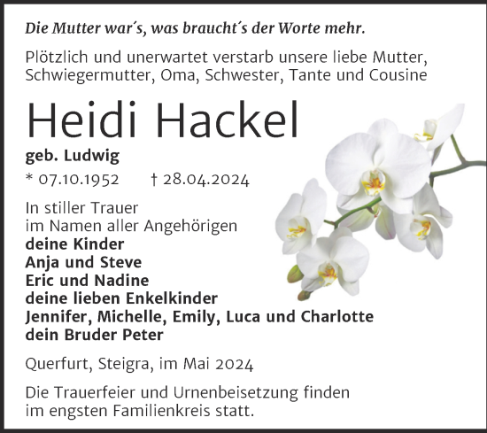 Traueranzeige von Heidi Hackel von Trauerkombi Merseburg