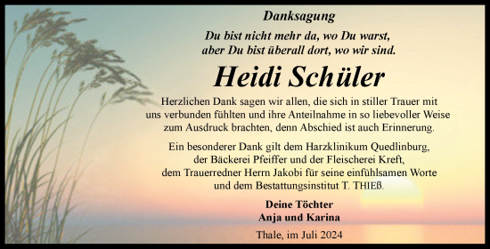 Traueranzeige von Heidi Schüler von Trauerkombi Quedlinburg