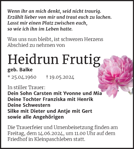 Traueranzeige von Heidrun Frutig von Trauerkombi Köthen
